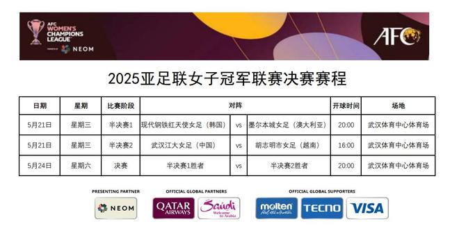 官方：女足亞冠半決賽武漢胡志明市下午戰(zhàn)